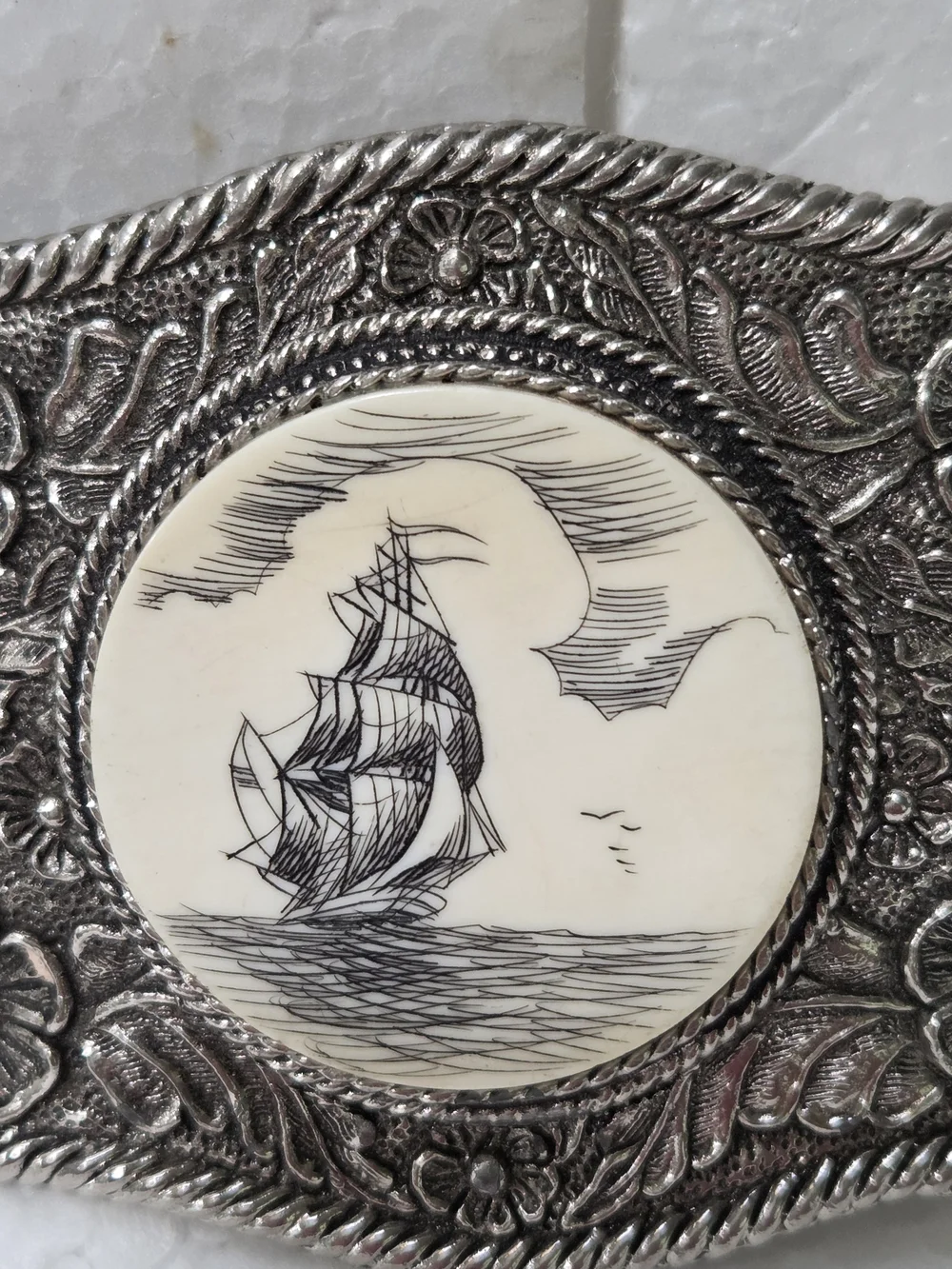 Vintage  Belt Buckle with Silver Tone SCRIMSHAW CLIPPER SAIL BOAT